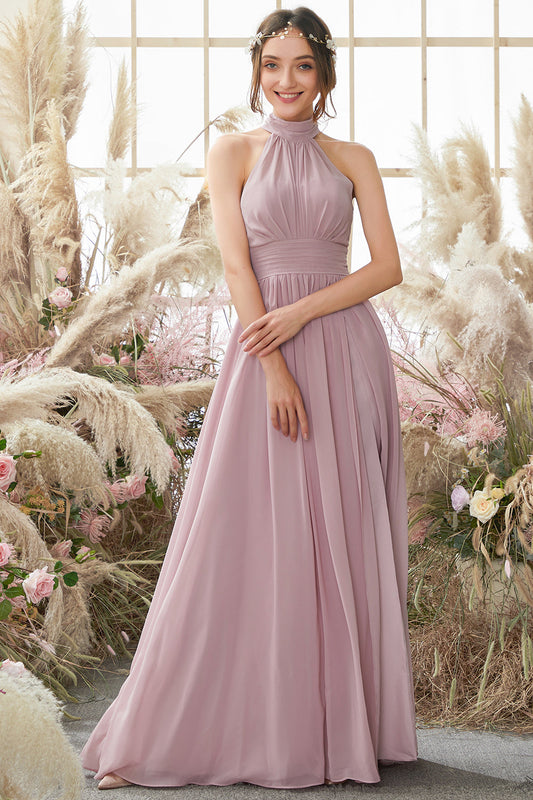 Halter Pleated Chiffon Bridesmaid Dress