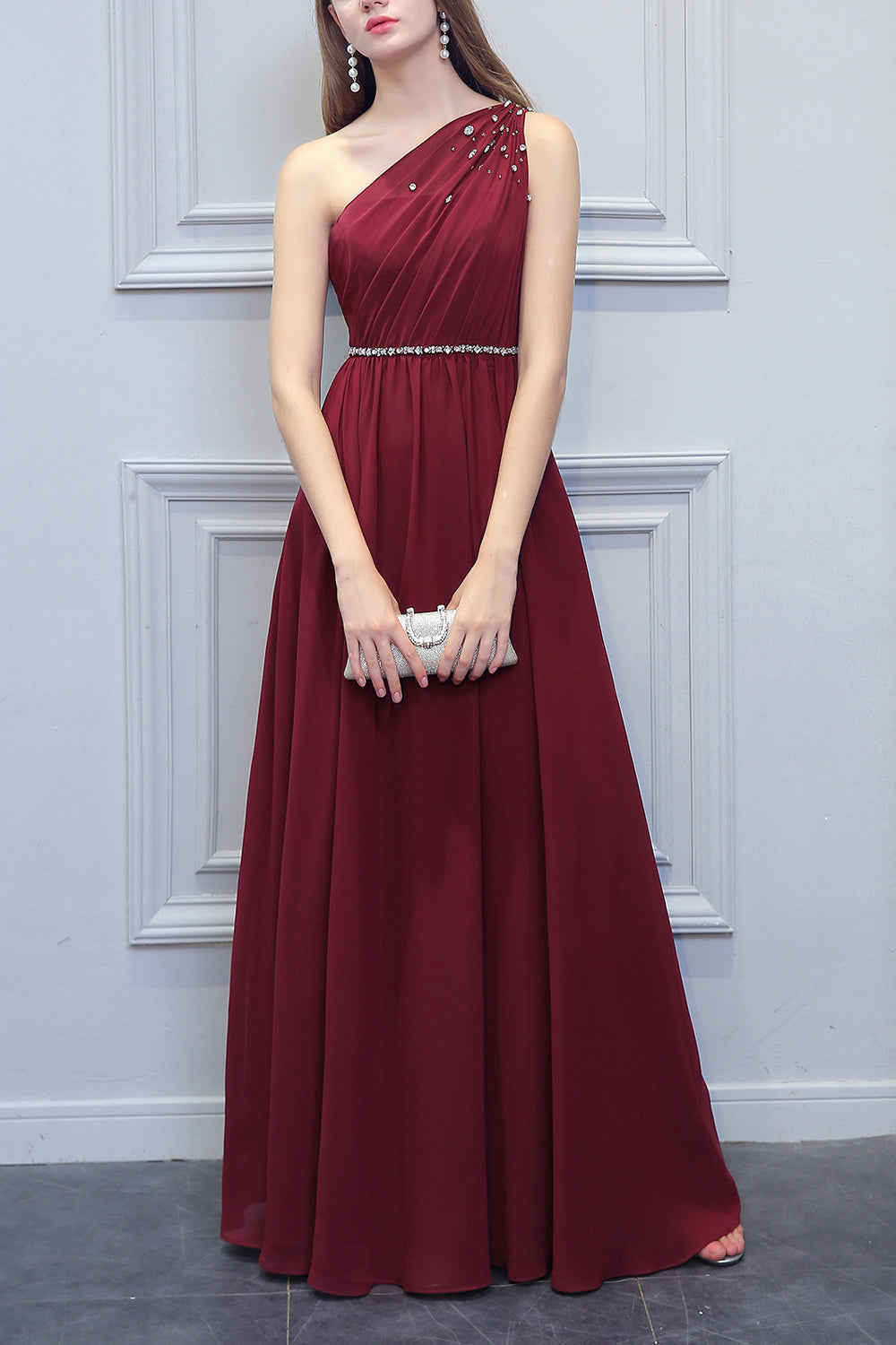 One Shoulder Long Chiffon Bridesmaid Dress With Beading