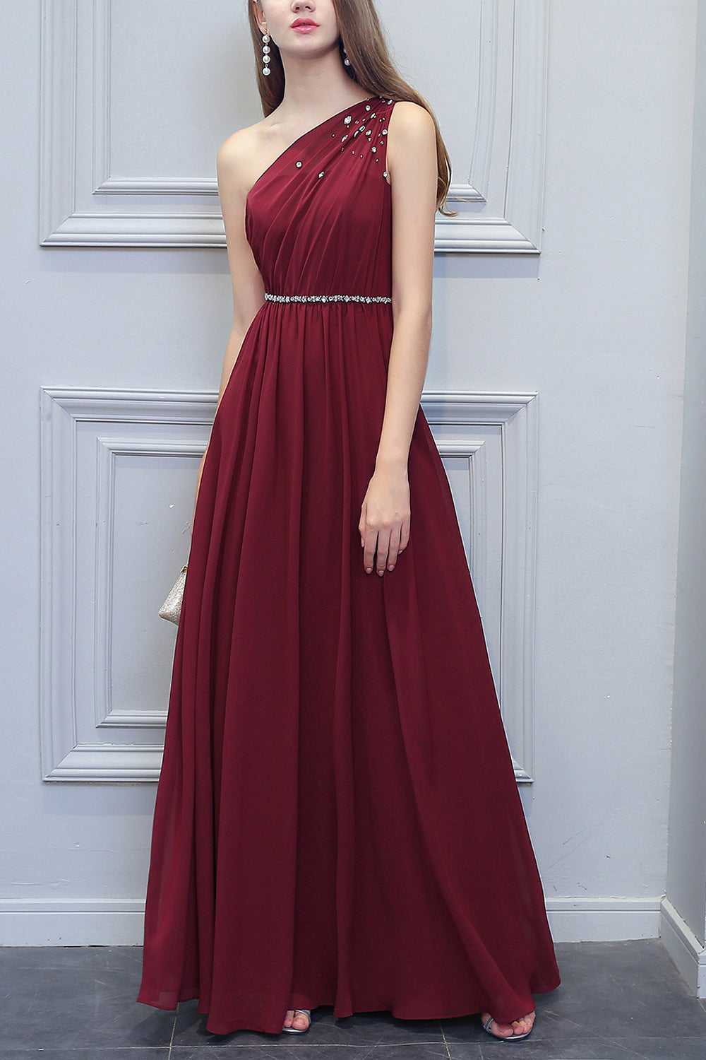 One Shoulder Long Chiffon Bridesmaid Dress With Beading