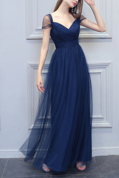 A-line V-neck Long Tulle Bridesmaid Dress