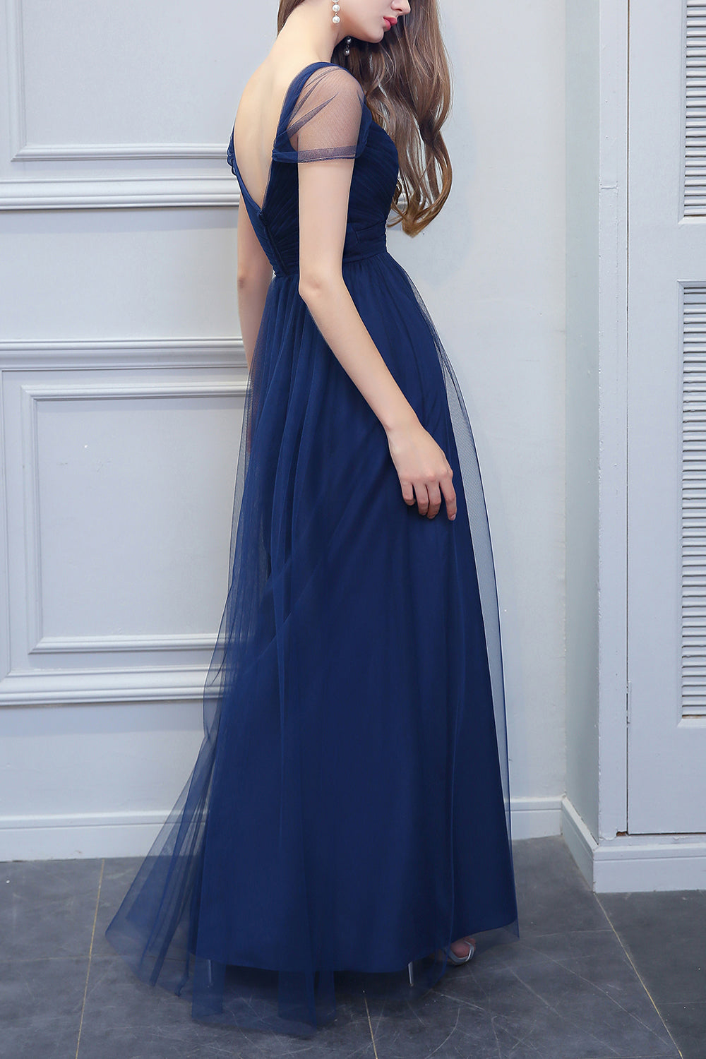 A-line V-neck Long Tulle Bridesmaid Dress