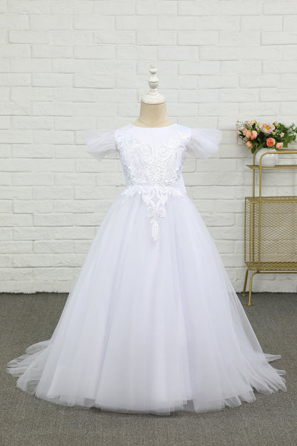 White Tulle Floor Length Flower Girl Dress