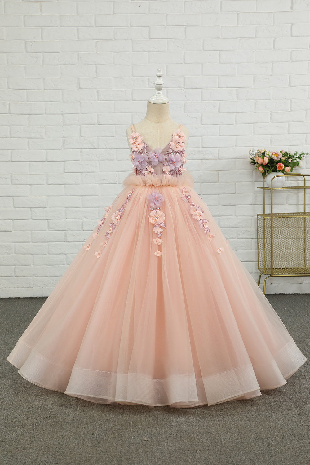 Pink Tulle Spaghetti Straps Flower Girl Dress