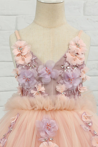 Pink Tulle Spaghetti Straps Flower Girl Dress