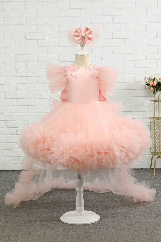 Pink High-low Tulle Flower Girl Dress with Bow