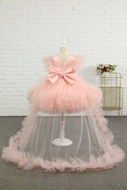 Pink High-low Tulle Flower Girl Dress with Bow