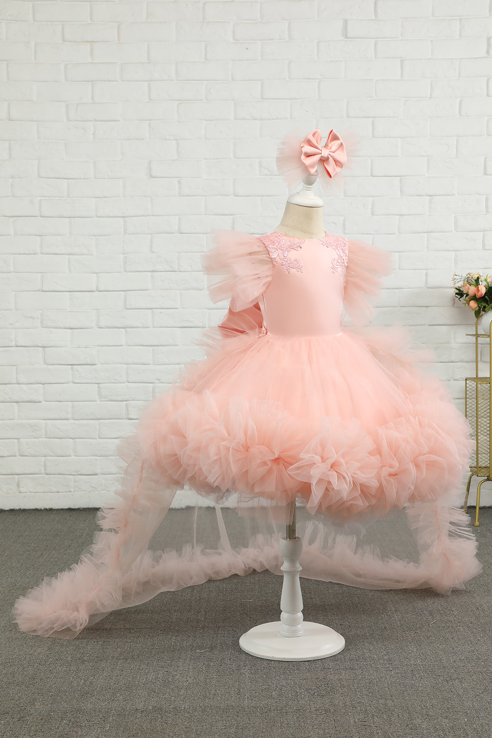 Pink High-low Tulle Flower Girl Dress with Bow