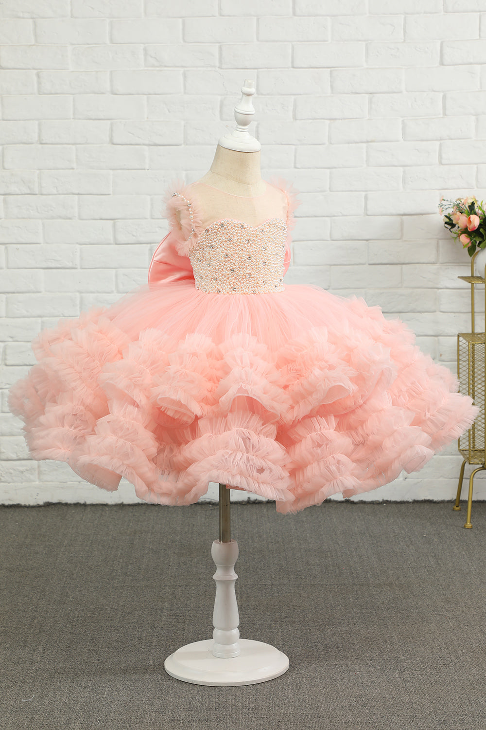 Pink Beading Tulle Flower Girl Dress with Bow