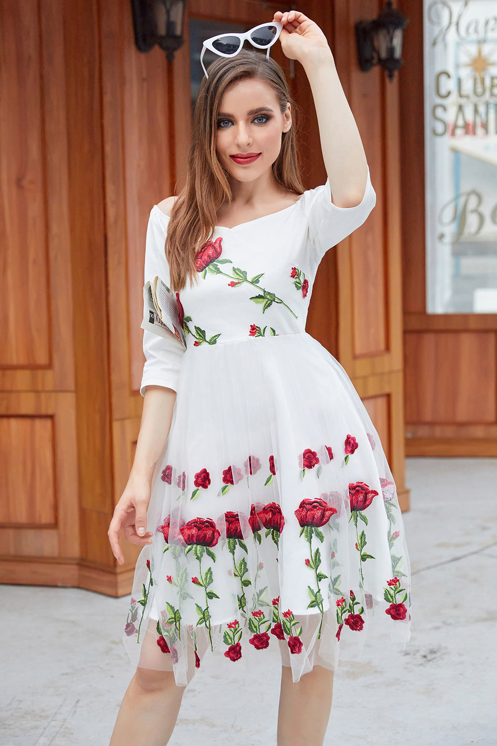 White V Neck Vintage Dress with Rose Embroidery