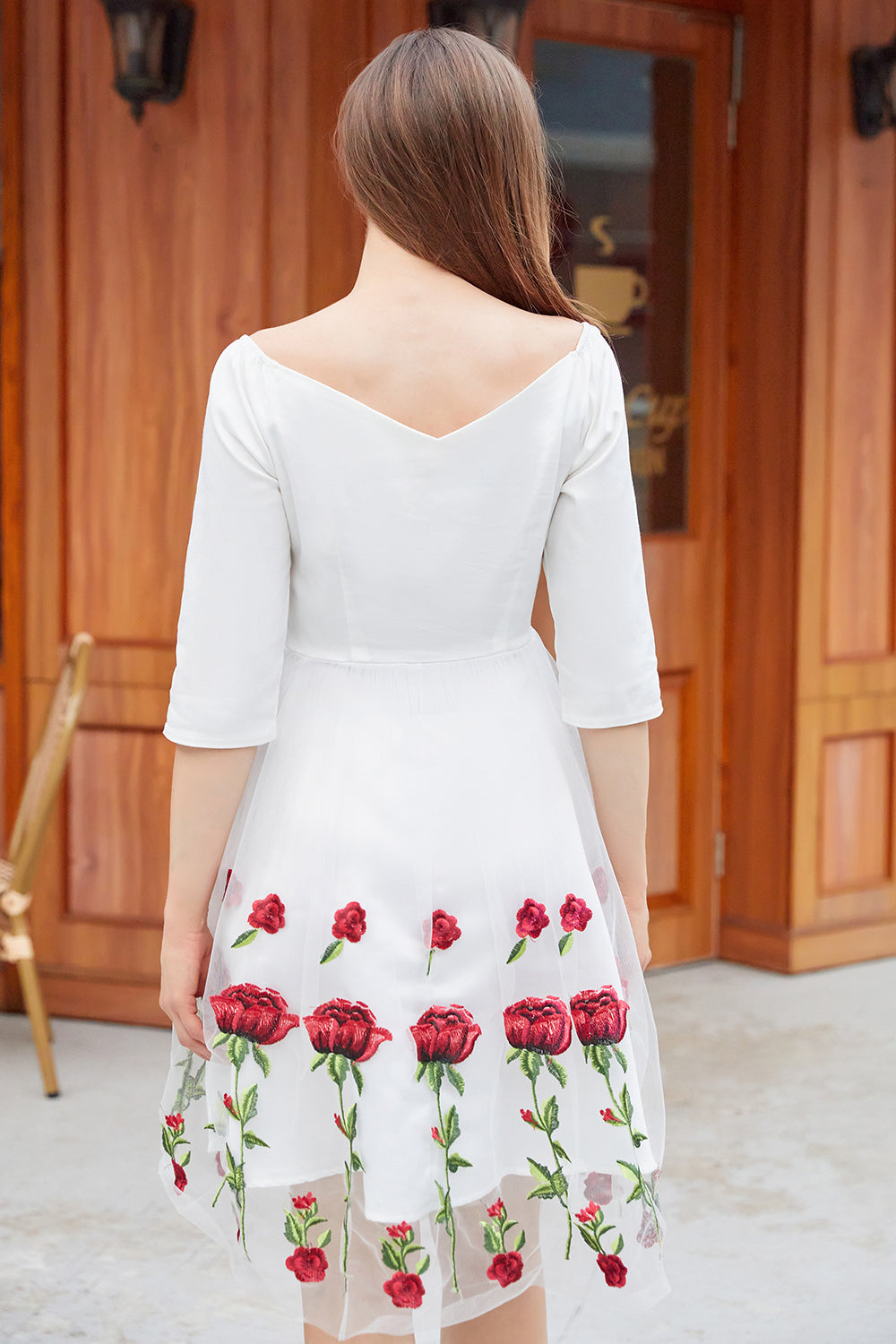 White V Neck Vintage Dress with Rose Embroidery