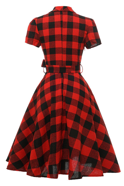 Red Plaid Short Sleeves Vintage Dress