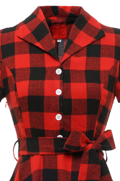 Red Plaid Short Sleeves Vintage Dress