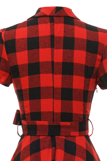 Red Plaid Short Sleeves Vintage Dress