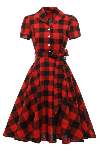 Red Plaid Short Sleeves Vintage Dress