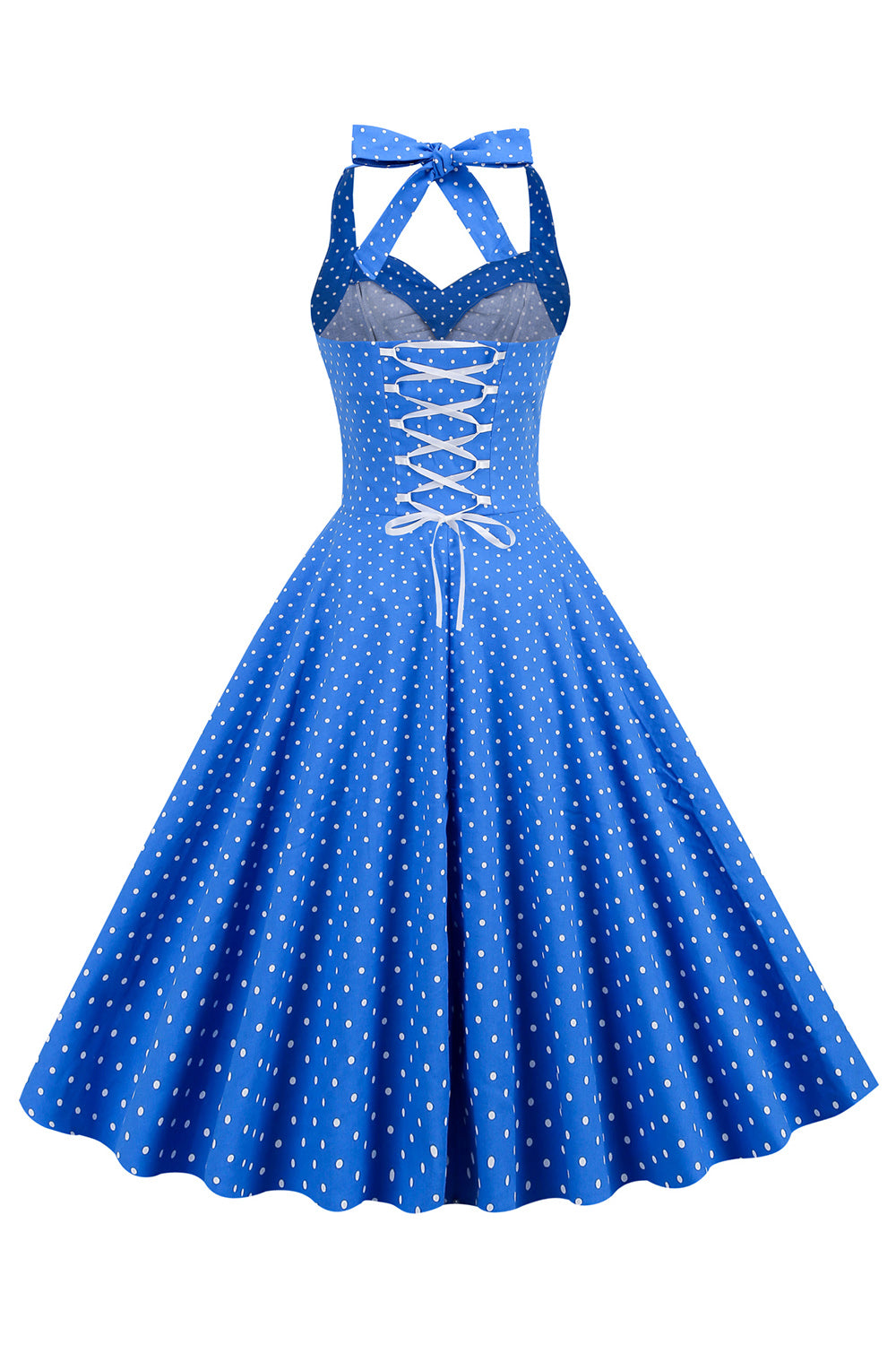 Halter Neck Blue Polka Dots Vintage Dress with Backless