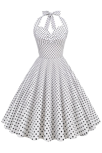 Halter Neck Blue Polka Dots Vintage Dress with Backless