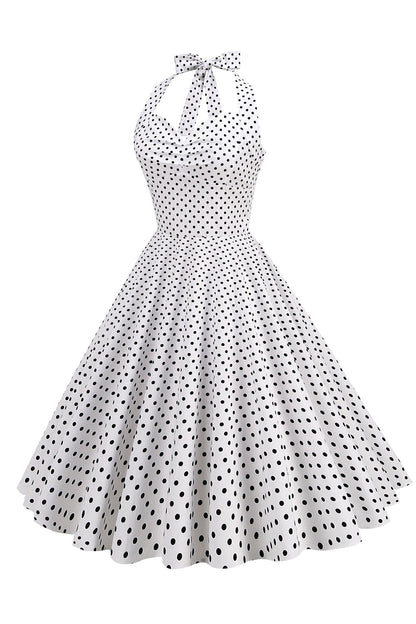 Halter Neck Blue Polka Dots Vintage Dress with Backless