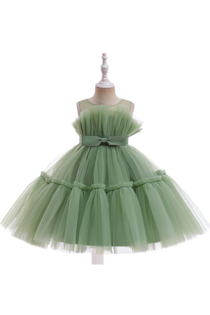 Green Round Neck Tulle Flower Girl Dress with Bowknot