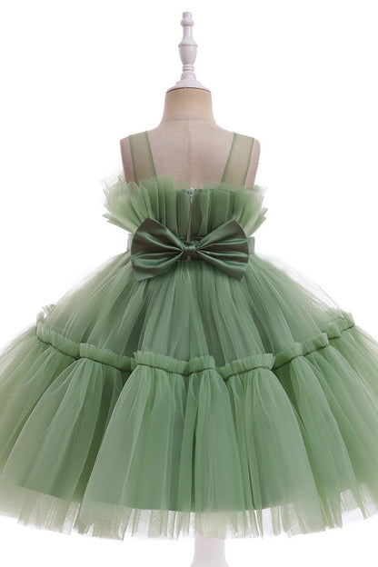 Green Round Neck Tulle Flower Girl Dress with Bowknot