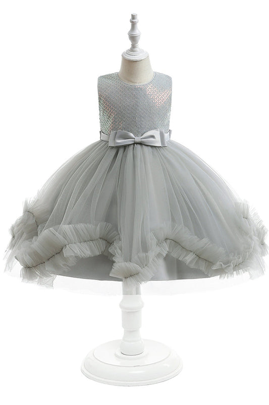 Grey Sleeveless Tulle Flower Girl Dress with Bowknot