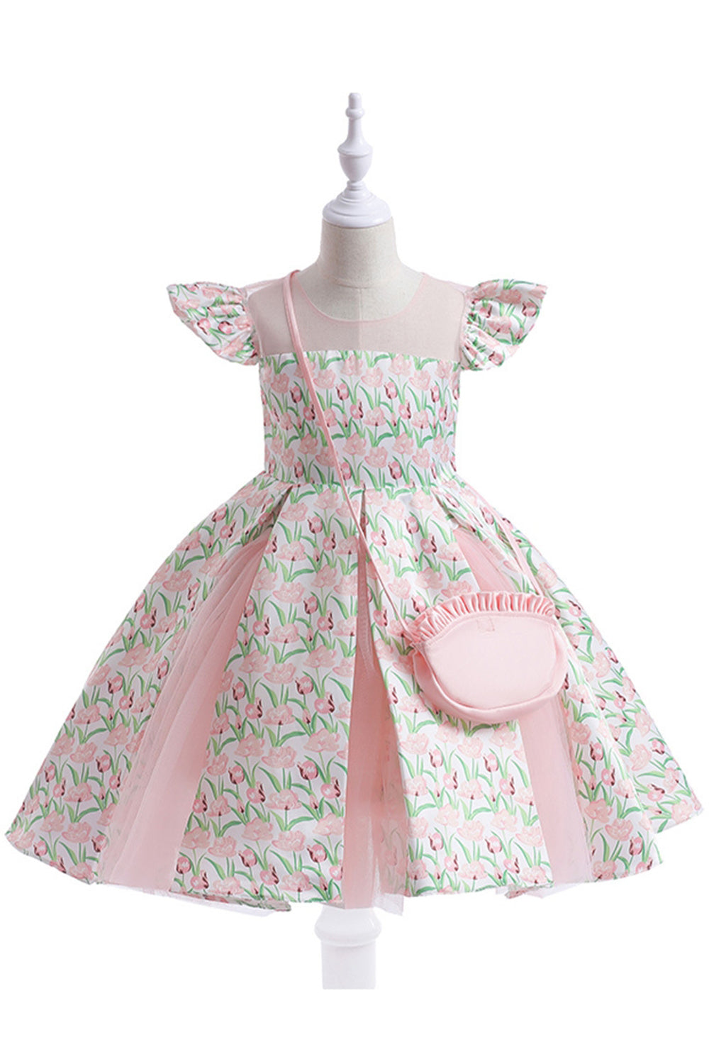 Pink Flower Printed Flower Girl Dress