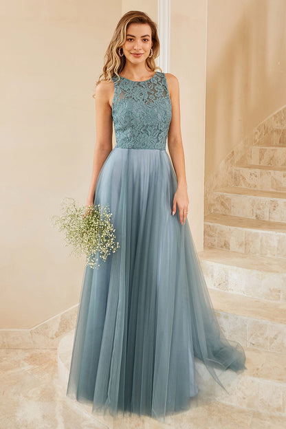 Grey Blue Tulle Bridesmaid Dress with Lace