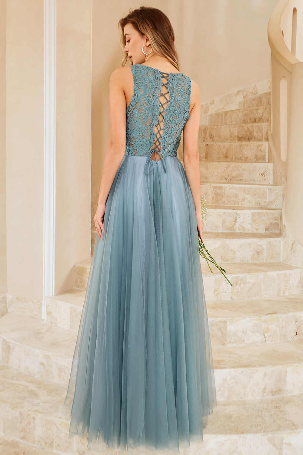 Grey Blue Tulle Bridesmaid Dress with Lace