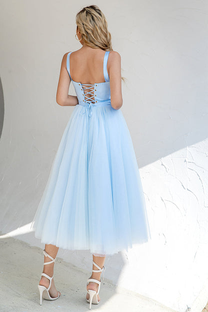 Sky Blue A Line Tulle Cocktail Dress with Lace Up Back