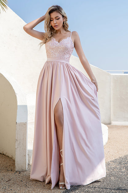 Blush A Line Spaghetti Straps Sequins Long Bridesmaid Dress with Slit