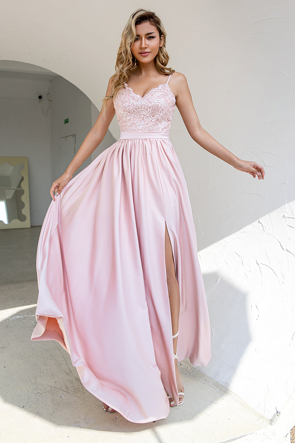 Blush A Line Spaghetti Straps Sequins Long Bridesmaid Dress with Slit