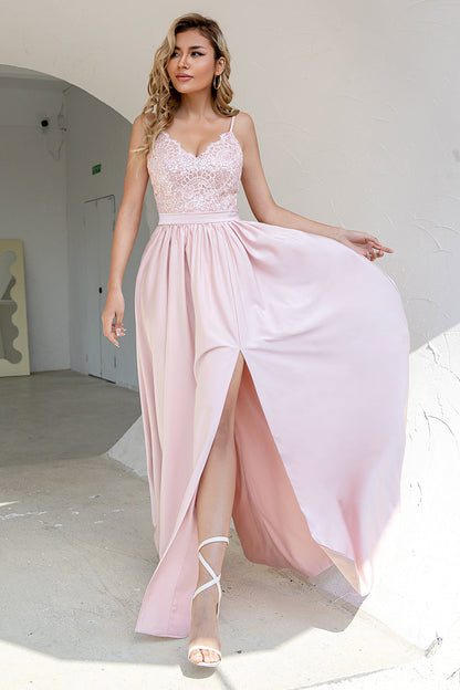 Blush A Line Spaghetti Straps Sequins Long Bridesmaid Dress with Slit