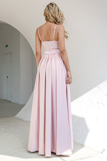 Blush A Line Spaghetti Straps Sequins Long Bridesmaid Dress with Slit