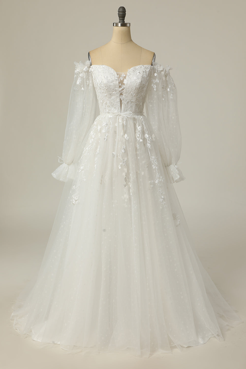 Luxurious A Line Off the Shoulder White Wedding Dress with Appliques