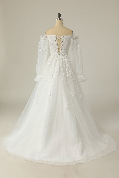 Luxurious A Line Off the Shoulder White Wedding Dress with Appliques