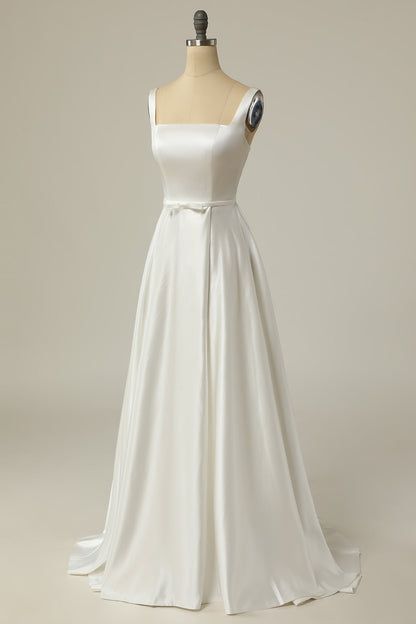 Simple A Line Square Neck White Long Wedding Dress