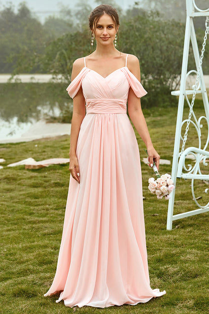 Off Shoulder Blush Bridesmaid Dress