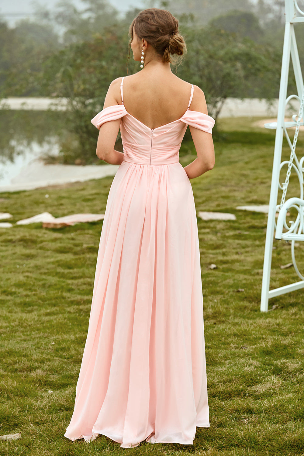 Off Shoulder Blush Bridesmaid Dress