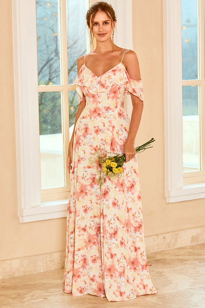 Print Blush Bridesmaid Dress with Ruffle