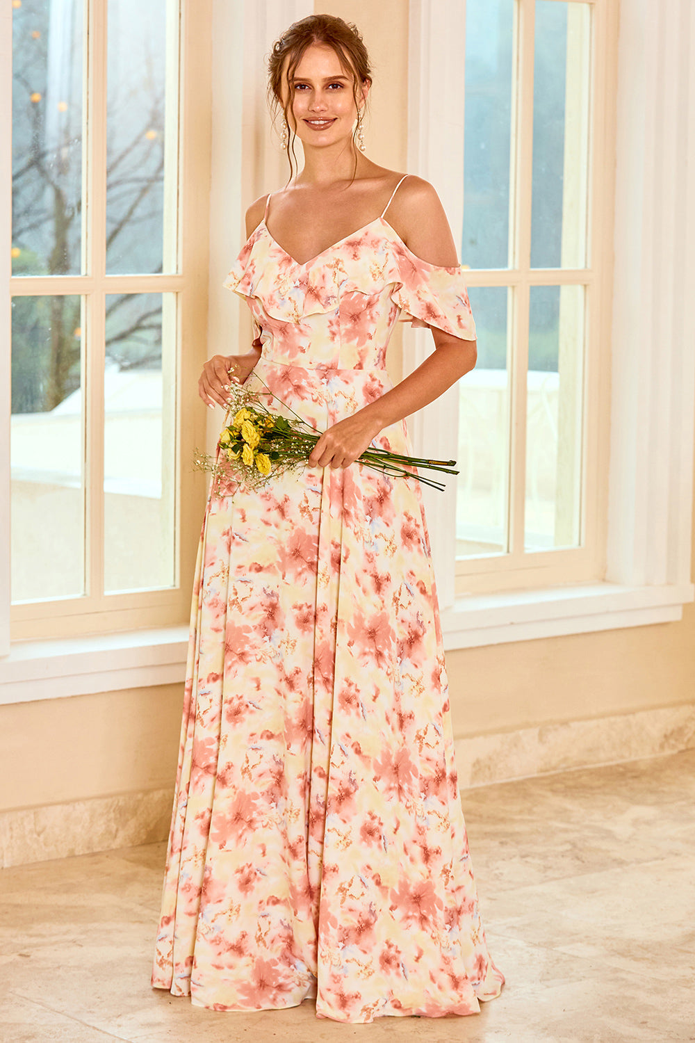 Print Blush Bridesmaid Dress with Ruffle