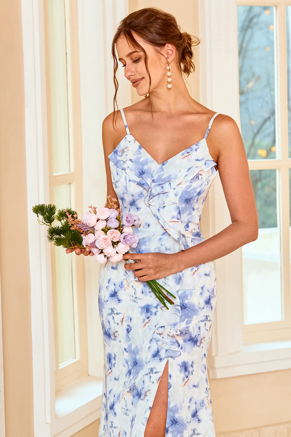 Sheath Spaghetti Straps Blue Floral Print Long Bridesmaid Dress with Split Front