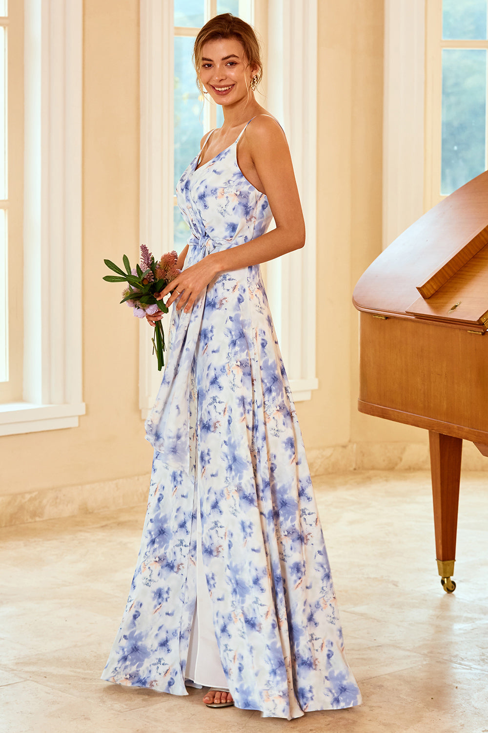 Spaghetti Straps Blue Floral Print Bridesmaid Dress