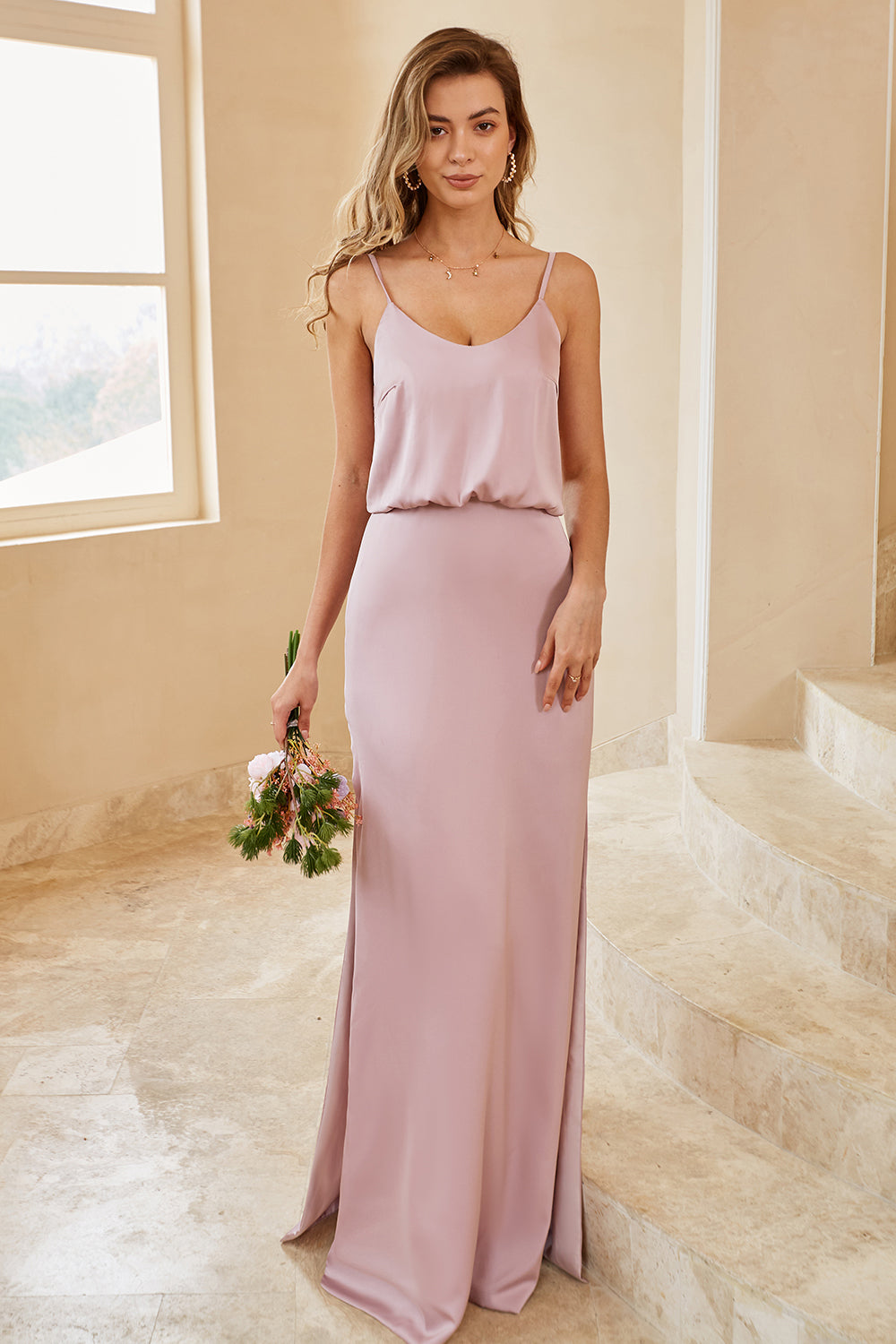 Spaghetti Straps Grey Pink Long Bridesmaid Dress