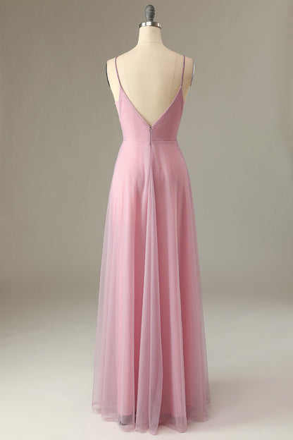 A Line Spaghetti Straps Grey Pink Bridesmaid Dress