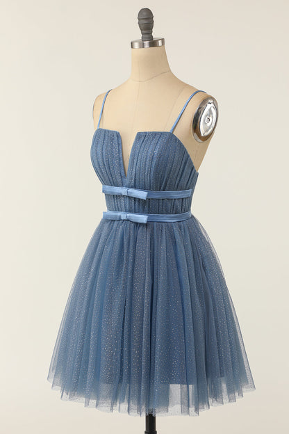 A Line Spaghetti Straps Blue Grey Short Homecoming Dress