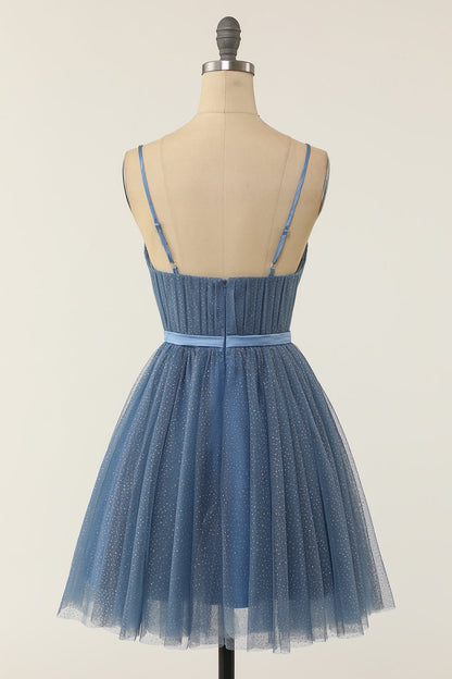 A Line Spaghetti Straps Blue Grey Short Homecoming Dress