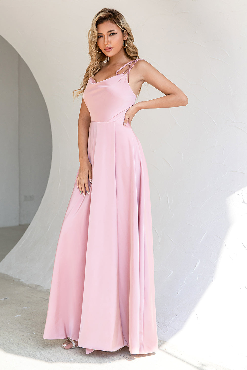 Blush Spaghetti Straps Long Bridesmaid Dress with Slit