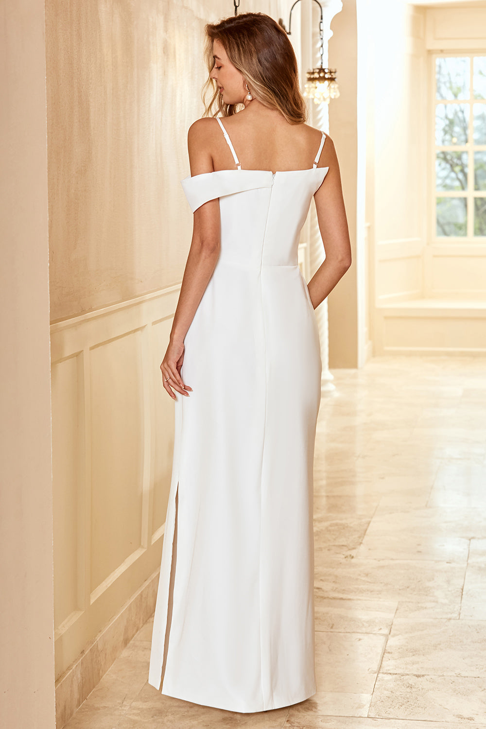 Sheath Spaghetti Straps White Long Bridesmaid Dress