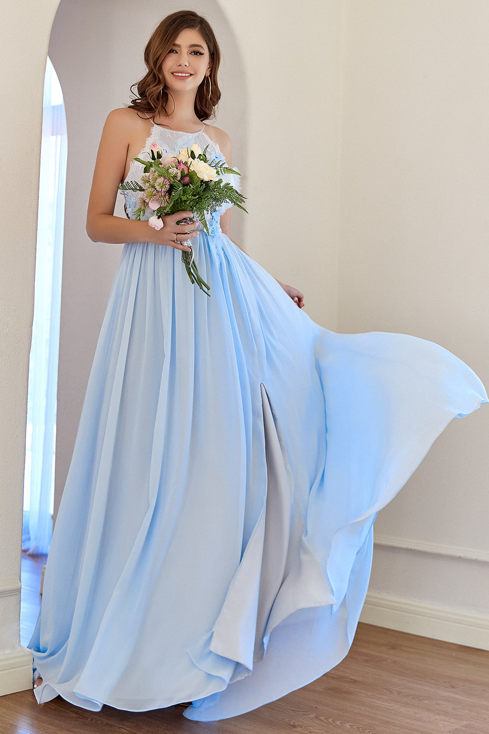 Halter Light Blue Bridesmaid Dress