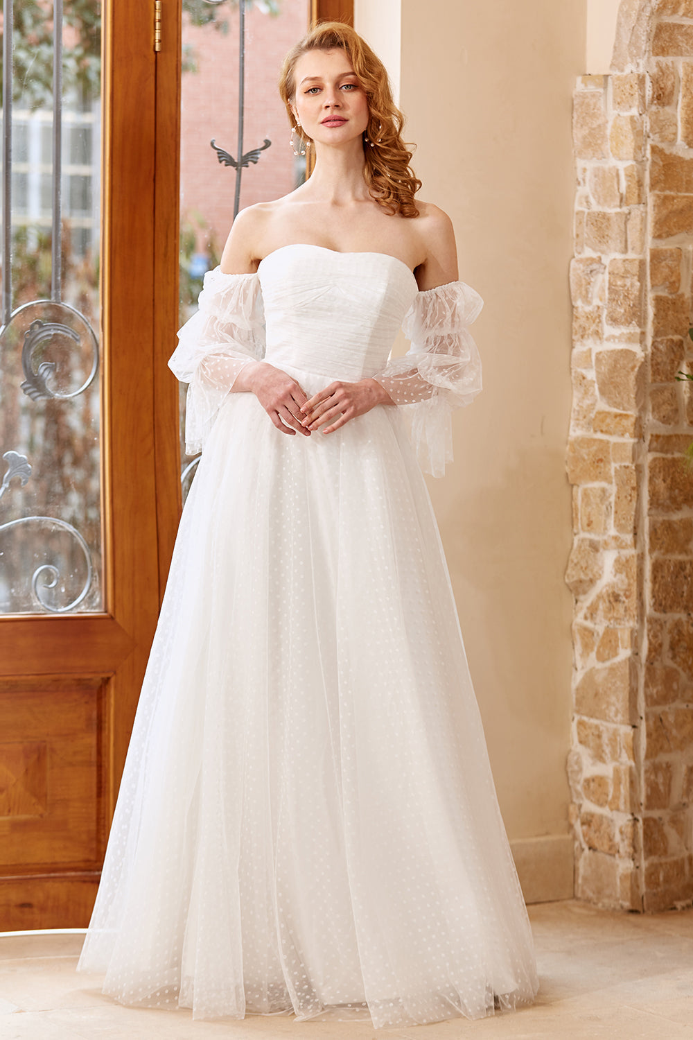 A Line Off the Shoulder White Wedding Dress with Long Sleeves