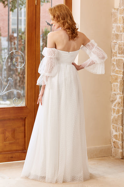 A Line Off the Shoulder White Wedding Dress with Long Sleeves